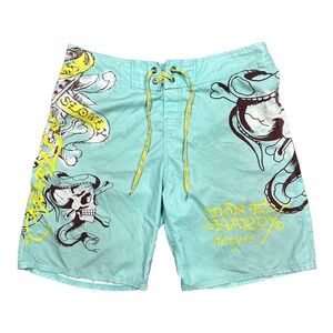 Vintage Y2K Ed Hardy Love Kills Seafoam Green Skull Snake Board Shorts Mens 38